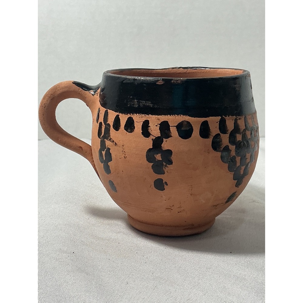 Handmade Terracotta Clay Mugs Set of 2 Rustic Black Painted Folk Art Pottery
